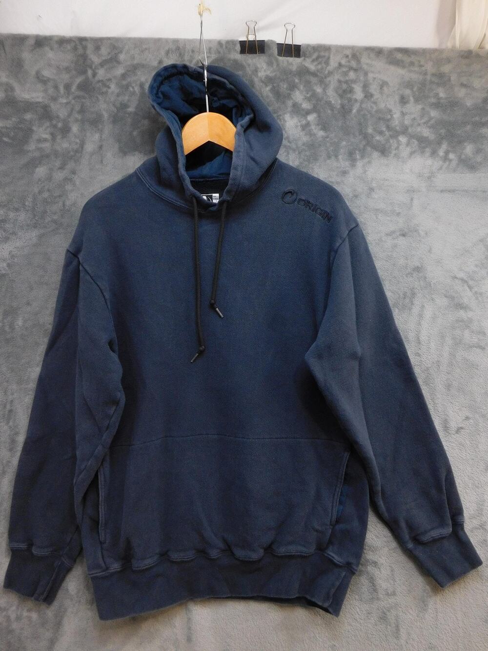 Origin Hoodie Mens L Blue Pullover Hooded Pockets Heavyweight Fleece USA Logo
